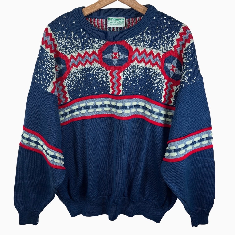 Far Horizons Mens 90s Knit Sweater Geometric Cotton Blue Red Geometric XL